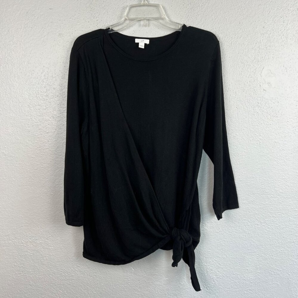 J Jill Women's Black Faux Wrap Side Knot 3/4 Sleeve Sweater Size L